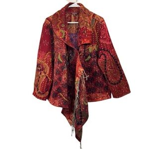 Multiples Size XL Embroidered Asymmetrical Paisley Fringe Boho Jacket Brocade